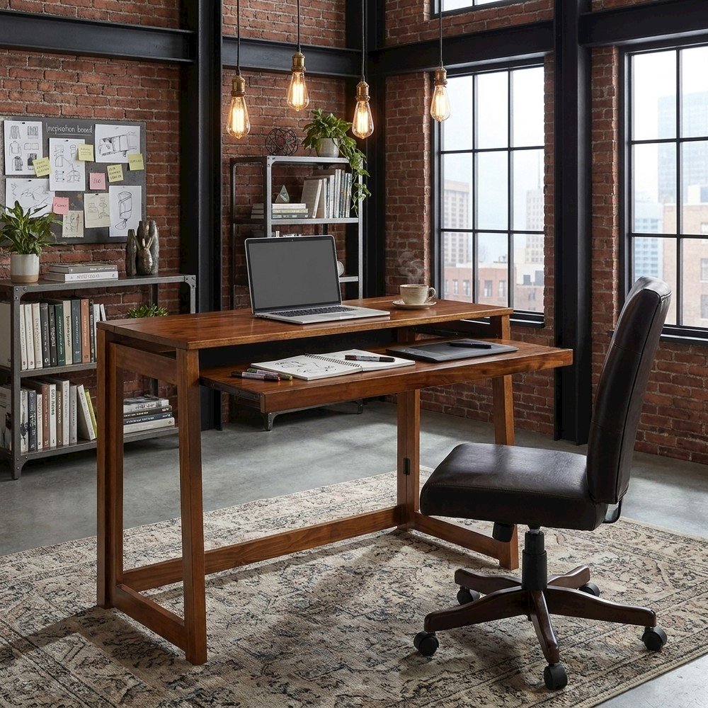 Warm Brown Folding Desk with USB Port and Pull-Out Surface for Home Office