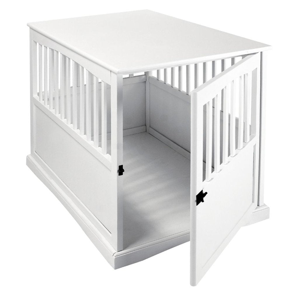 White Dog Kennel Furniture with Gate, Solid Wood Dog Crate End Table