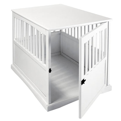 White Dog Kennel Furniture with Gate, Solid Wood Dog Crate End Table
