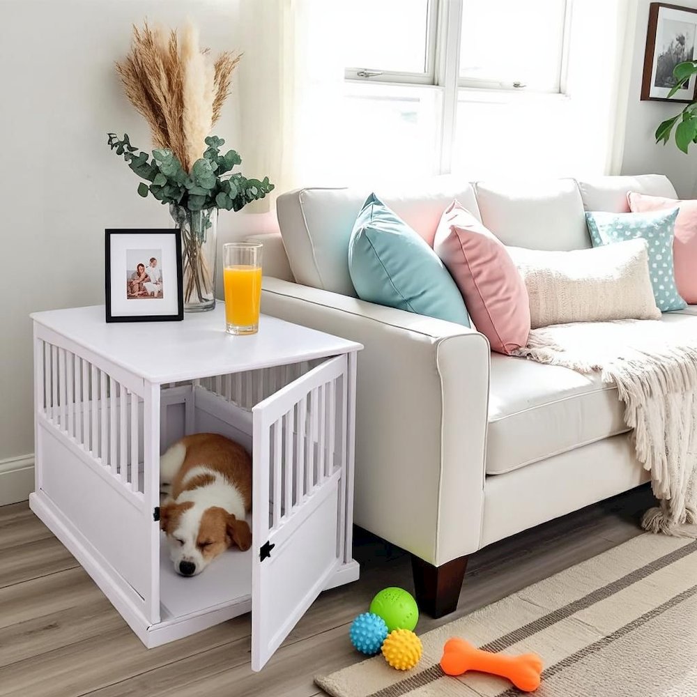 White Dog Kennel Furniture with Gate, Solid Wood Dog Crate End Table