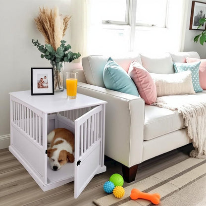 White Dog Kennel Furniture with Gate, Solid Wood Dog Crate End Table