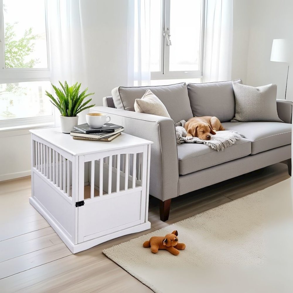 White Dog Kennel Furniture with Gate, Solid Wood Dog Crate End Table