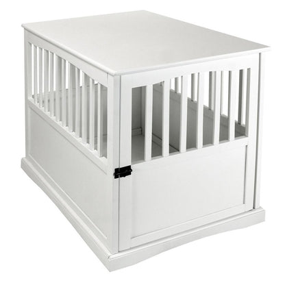 White Dog Kennel Furniture with Gate, Solid Wood Dog Crate End Table