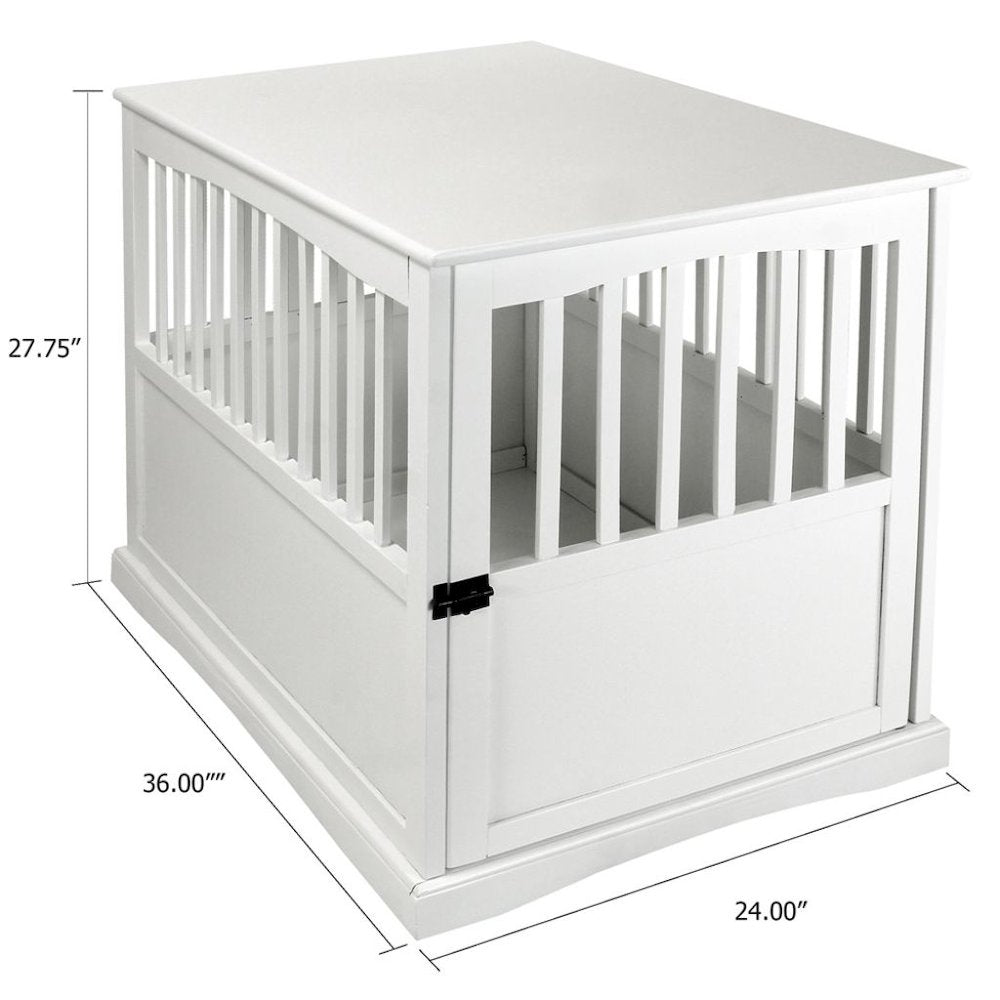 White Dog Kennel Furniture with Gate, Solid Wood Dog Crate End Table