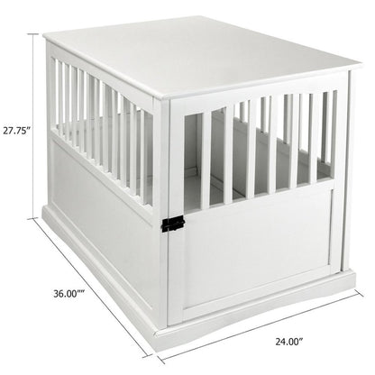 White Dog Kennel Furniture with Gate, Solid Wood Dog Crate End Table