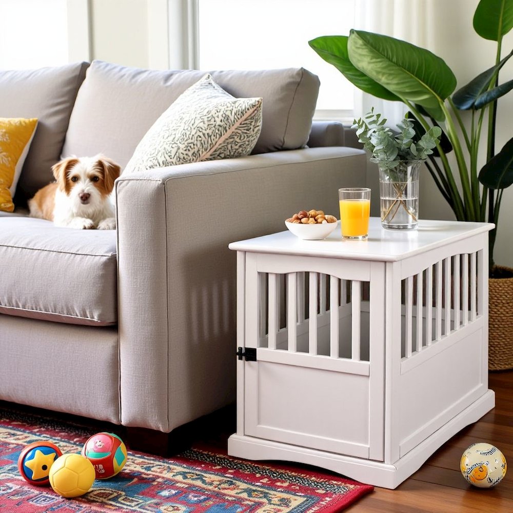 White Dog Kennel Furniture with Lockable Gate, Solid Wood Crate Table
