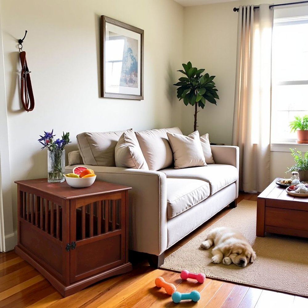 Walnut Dog Kennel Furniture with Gate, Solid Wood Dog Crate End Table