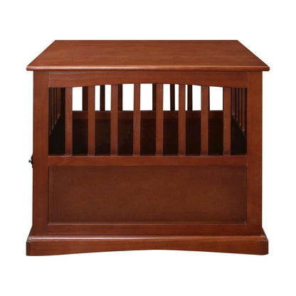 Walnut Dog Kennel Furniture with Gate, Solid Wood Dog Crate End Table