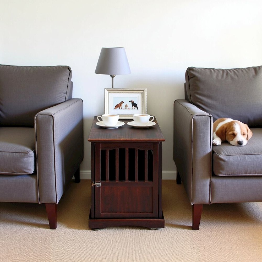 Brown Dog Kennel Furniture with Gate, Solid Wood Dog Crate End Table