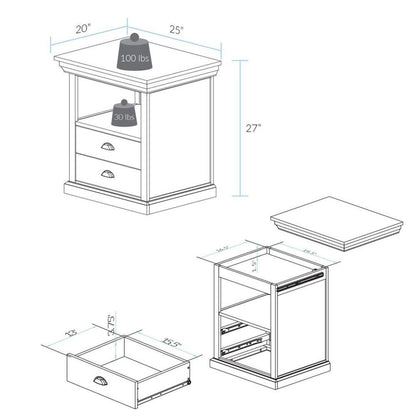 Mocha Brown Wooden Nightstand with Hidden Compartment, 2 Drawers and Open Shelf