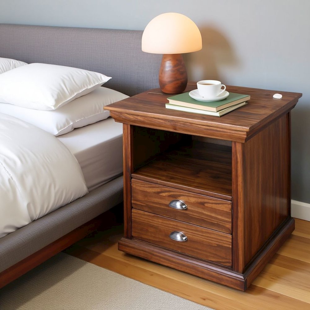 Mocha Brown Wooden Nightstand with Hidden Compartment, 2 Drawers and Open Shelf