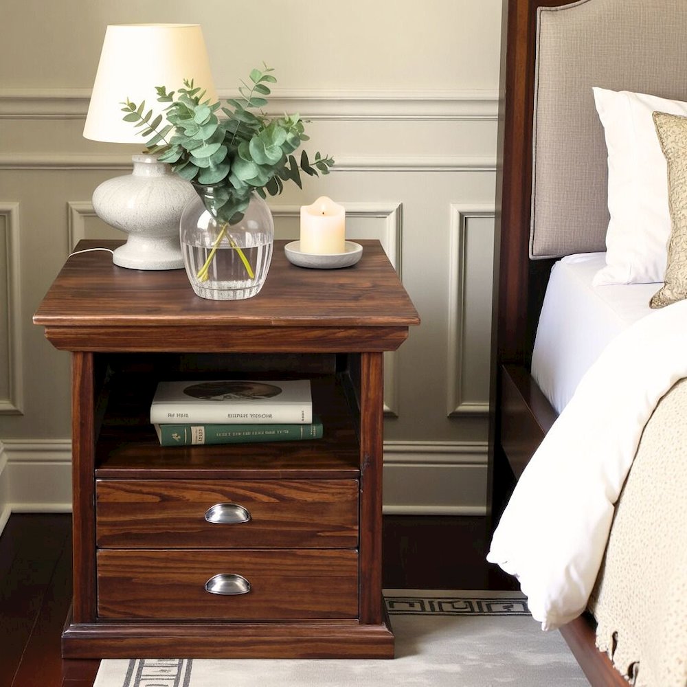 Mocha Brown Wooden Nightstand with Hidden Compartment, 2 Drawers and Open Shelf