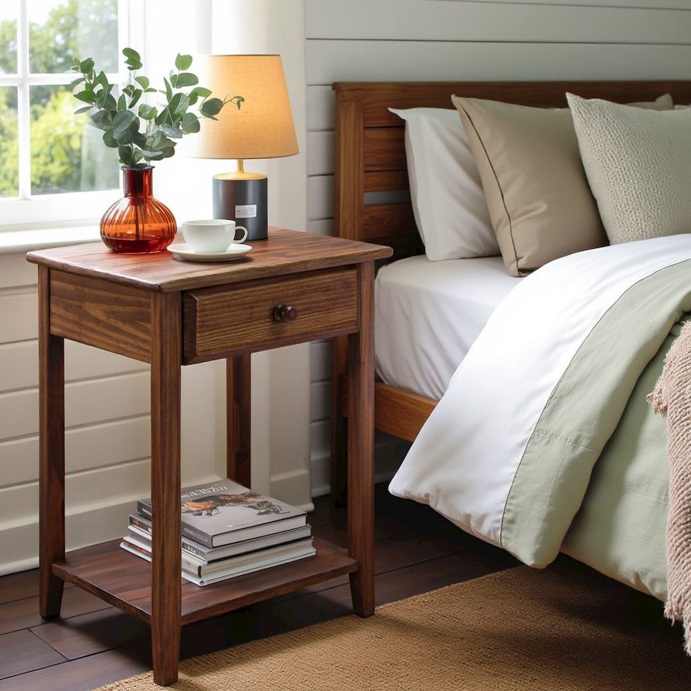 Warm Brown Real Wood Night Stand with Drawer, Open Shelf and USB Charging Ports