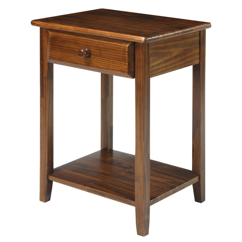 Warm Brown Real Wood Night Stand with Drawer, Open Shelf and USB Charging Ports