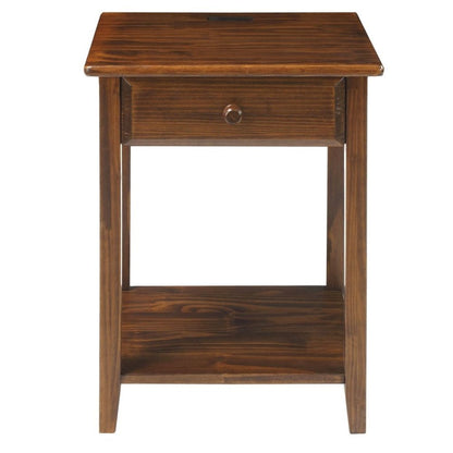 Warm Brown Real Wood Night Stand with Drawer, Open Shelf and USB Charging Ports