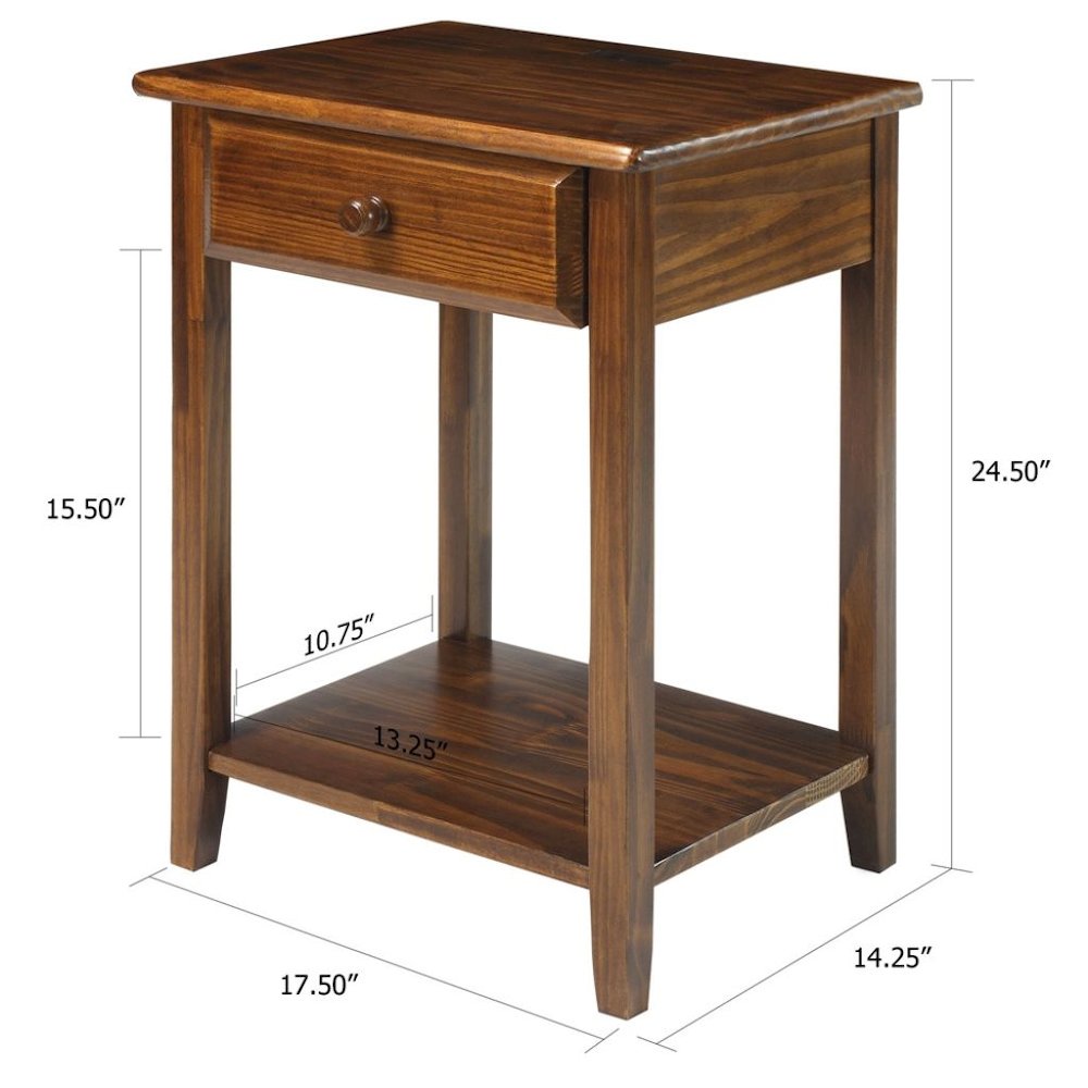 Warm Brown Real Wood Night Stand with Drawer, Open Shelf and USB Charging Ports