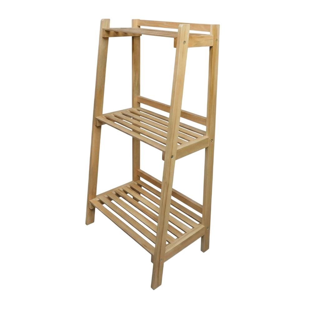 Wooden Slatted 3-Shelf Ladder Bookcase with Solid American Gum Finish