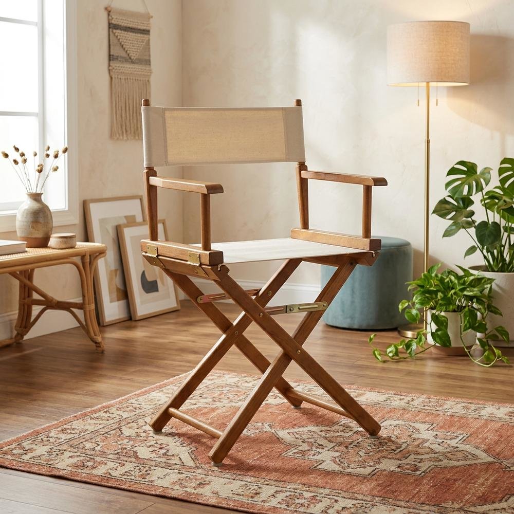 Beige Director's Chair, Honey Oak Frame, 18-Inch Seat Folding