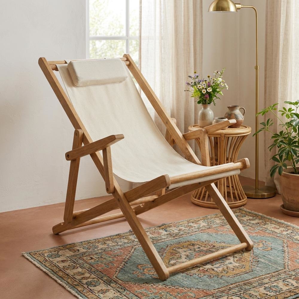 Beige Sling Chair, Natural Wood Frame, Folding Outdoor Accent