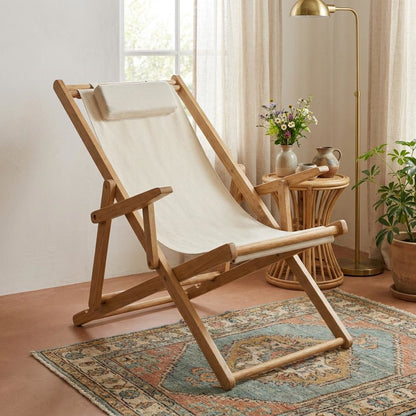 Beige Sling Chair, Natural Wood Frame, Folding Outdoor Accent