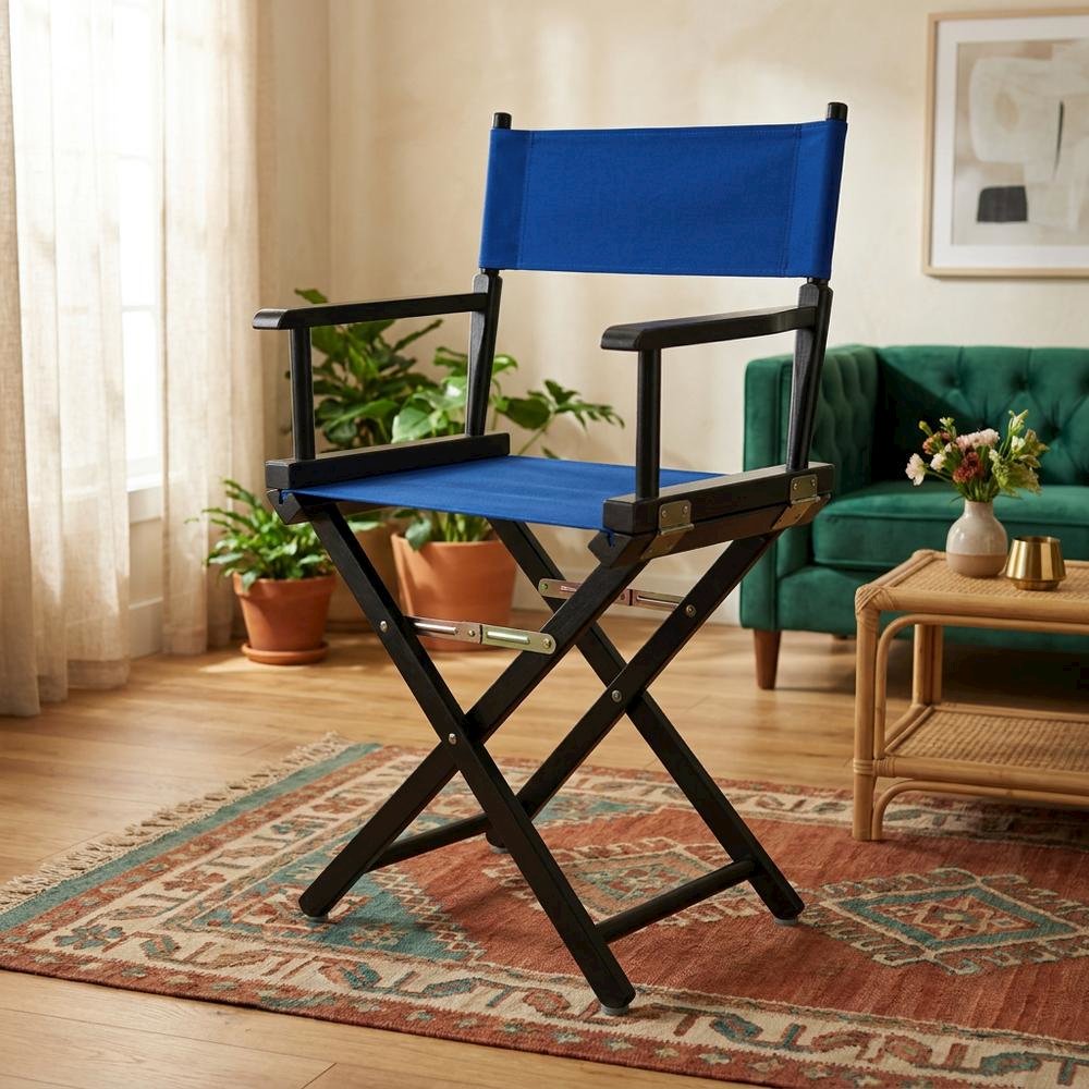Blue Director's Chair, Black Frame, 18-Inch Seat, Folding Portable