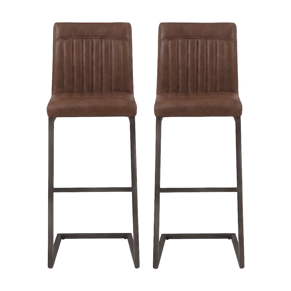 PU-Upholstered Bar Stools with Channel-Tufted Seat, Cigar Brown, Set of 2