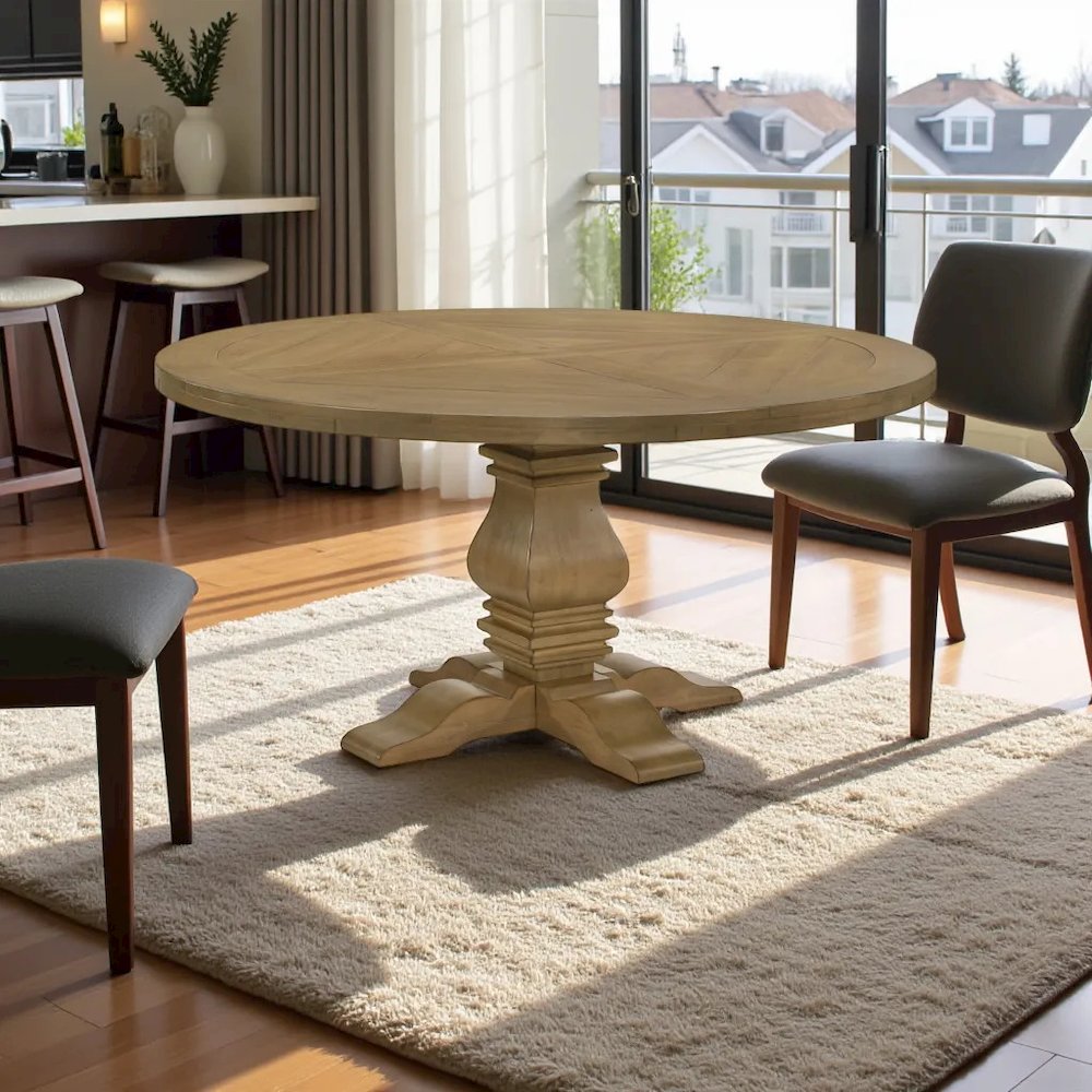 Rustic Smoke Round Pedestal Dining Table with Gold Finish for Dining Room