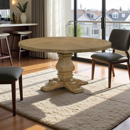Rustic Smoke Round Pedestal Dining Table with Gold Finish for Dining Room