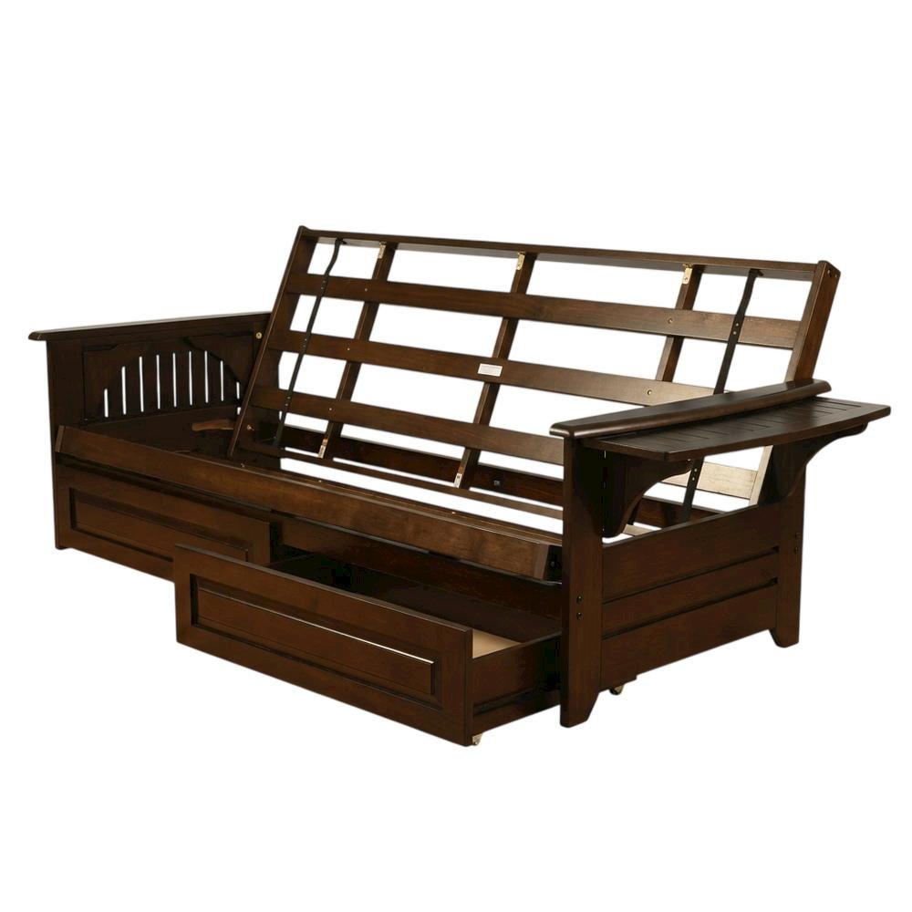 Convertible futon in neutral color with sturdy frame and versatile design