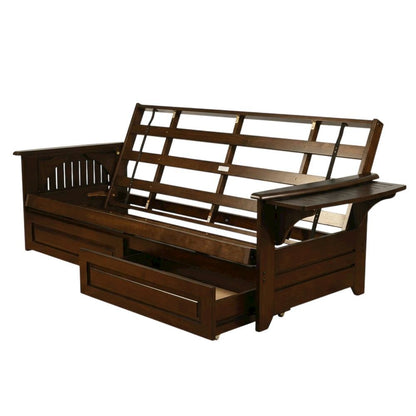Convertible futon in neutral color with sturdy frame and versatile design