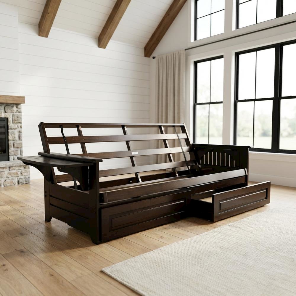Convertible futon in neutral color with sturdy frame and versatile design