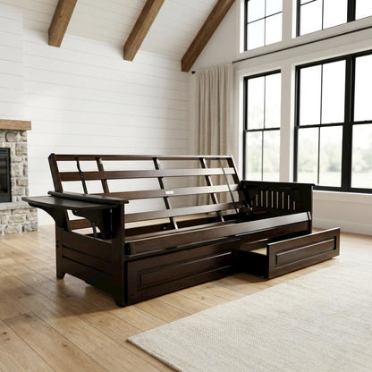 Convertible futon in neutral color with sturdy frame and versatile design