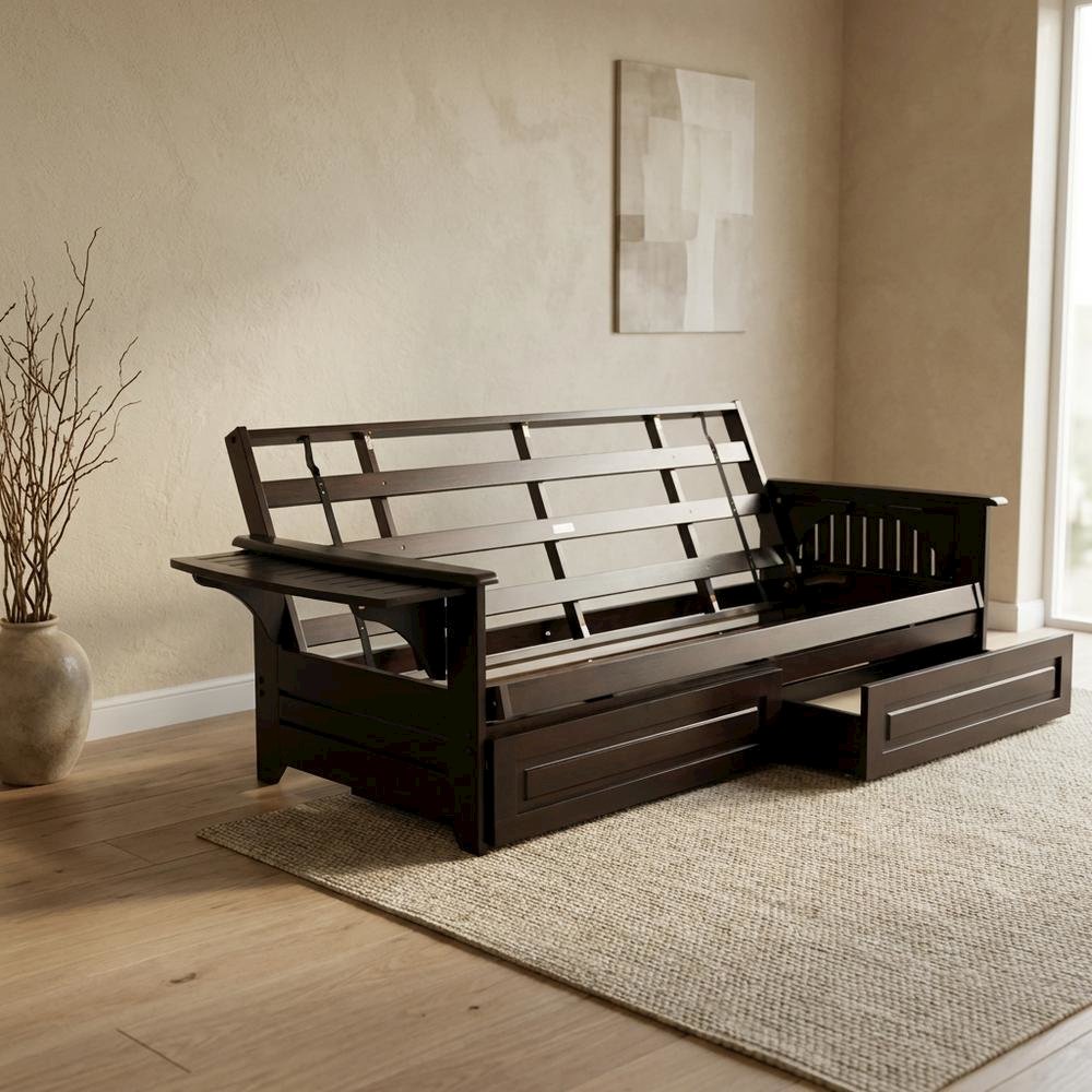 Convertible futon in neutral color with sturdy frame and versatile design