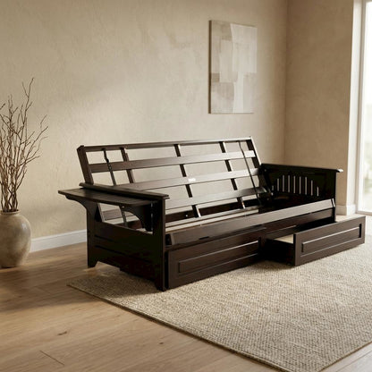 Convertible futon in neutral color with sturdy frame and versatile design