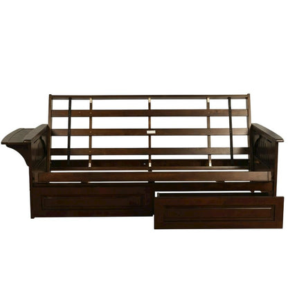 Convertible futon in neutral color with sturdy frame and versatile design