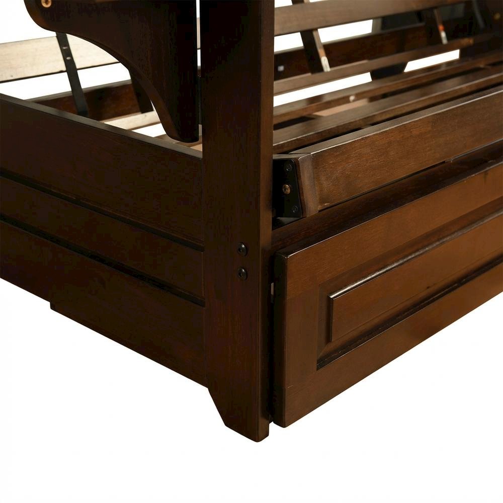 Convertible futon in neutral color with sturdy frame and versatile design