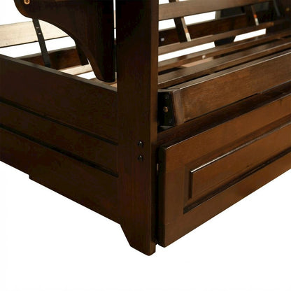 Convertible futon in neutral color with sturdy frame and versatile design