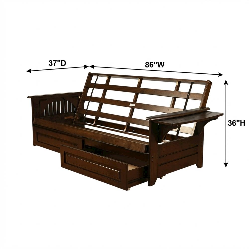 Convertible futon in neutral color with sturdy frame and versatile design