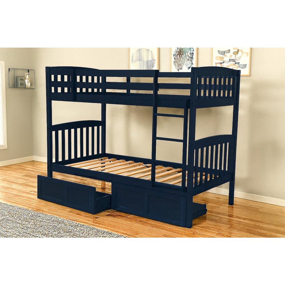 Twin Bunk Bed with Storage Drawers, Twin, Navy Blue (Mattresses Not Included)