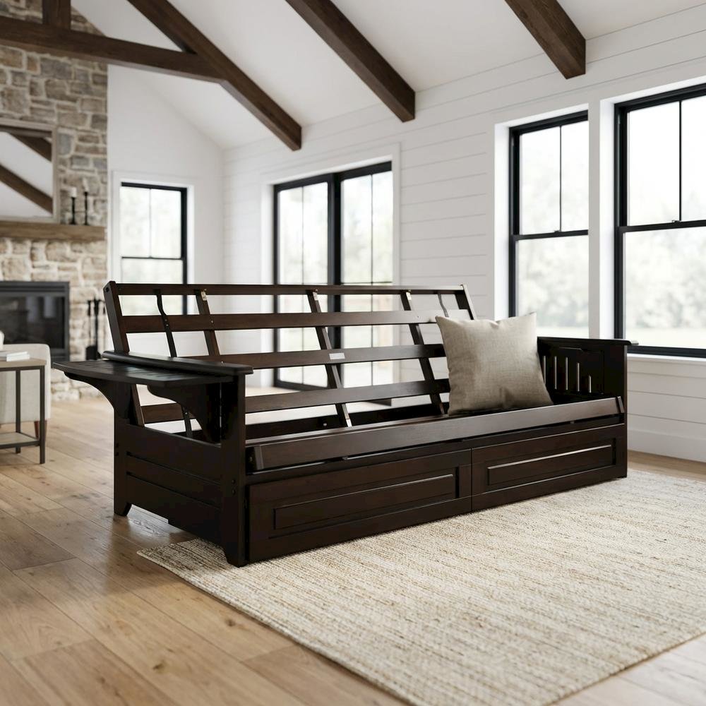 Contemporary Fabric Futon with Polyester Cover and Sturdy Frame