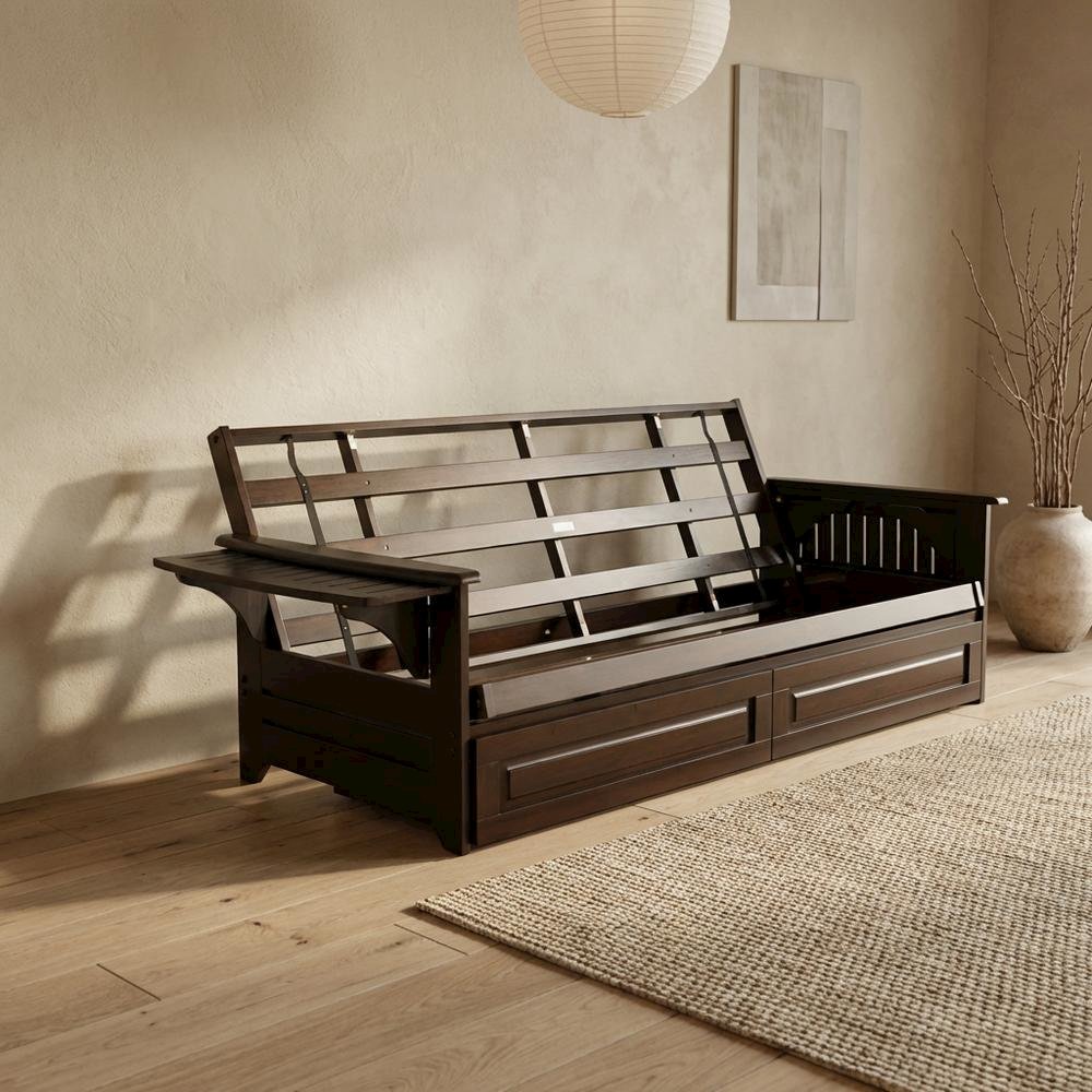 Contemporary Fabric Futon with Polyester Cover and Sturdy Frame