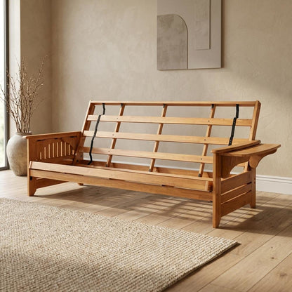 Gray Futon with Espresso Frame and Comfortable Seating for Living Rooms