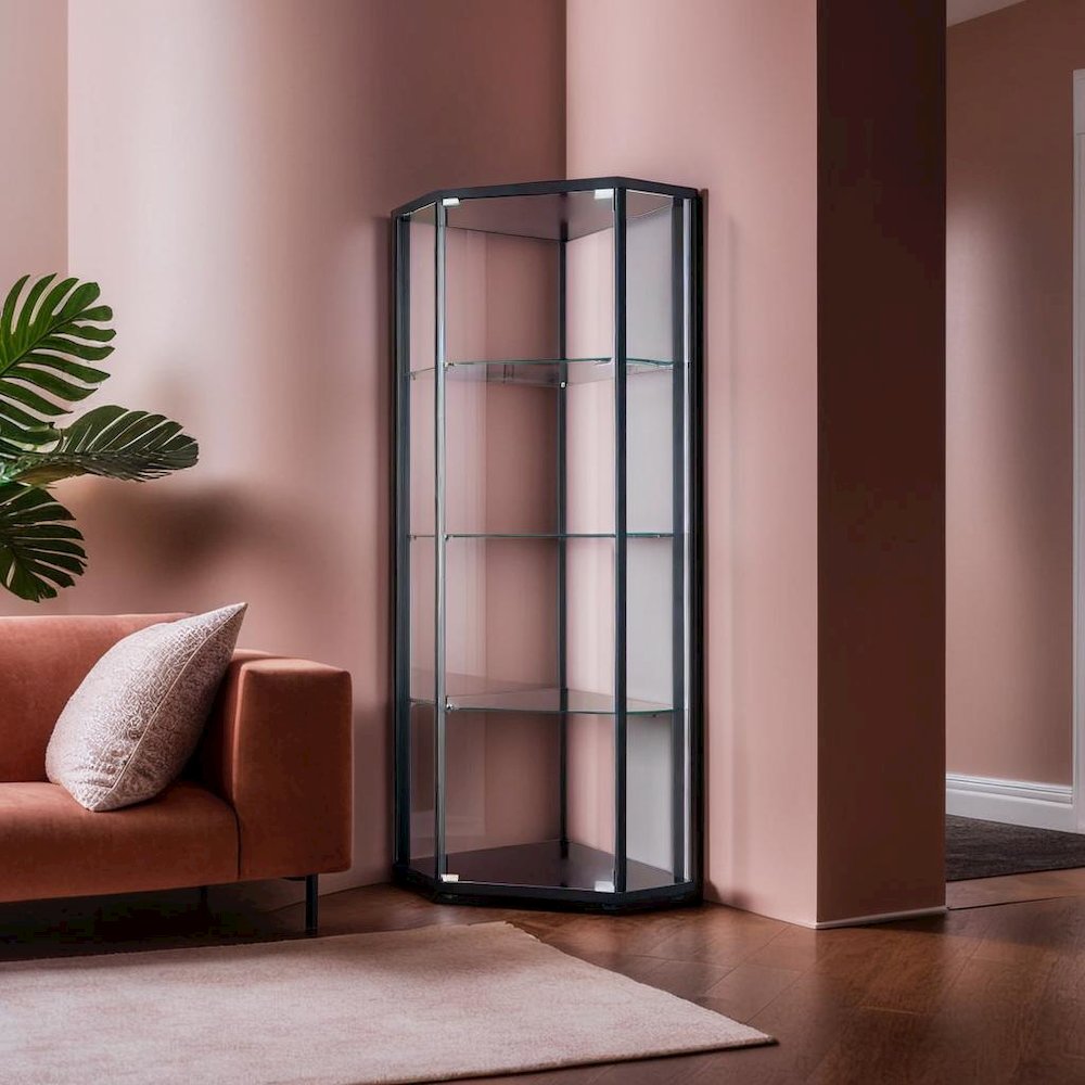Sophisticated Black Glass Shelf Curio Cabinet with Clear Glass Doors