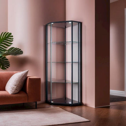 Sophisticated Black Glass Shelf Curio Cabinet with Clear Glass Doors