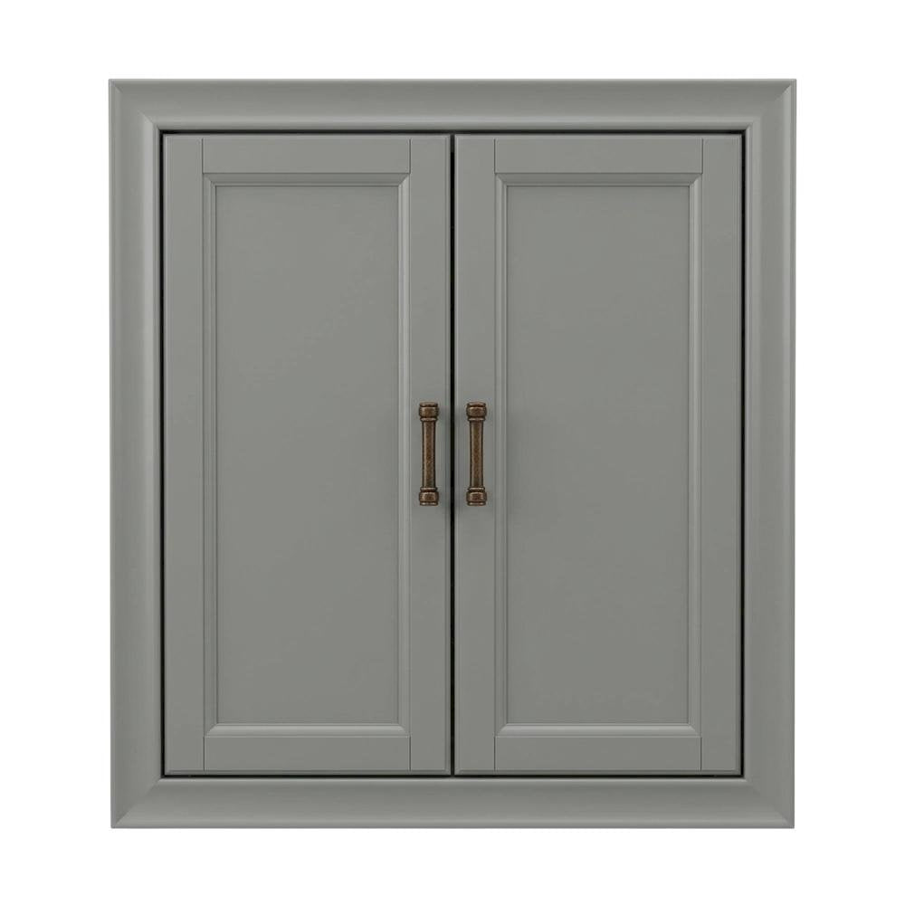 Gray wall cabinet with anti-tip hardware for bathroom storage
