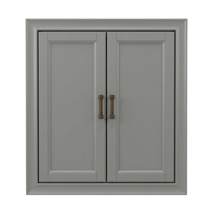 Gray wall cabinet with anti-tip hardware for bathroom storage