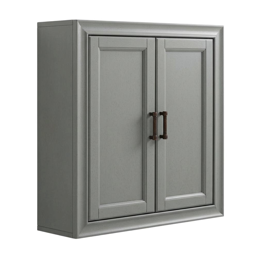 Gray wall cabinet with anti-tip hardware for bathroom storage