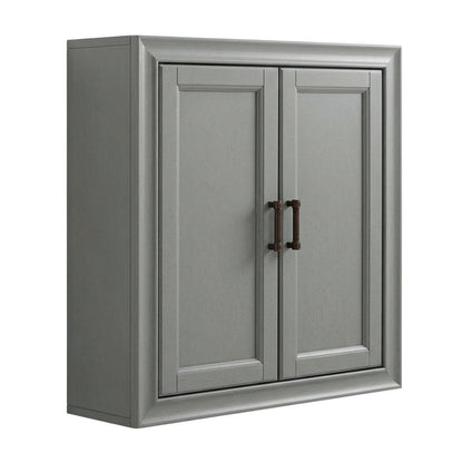 Gray wall cabinet with anti-tip hardware for bathroom storage