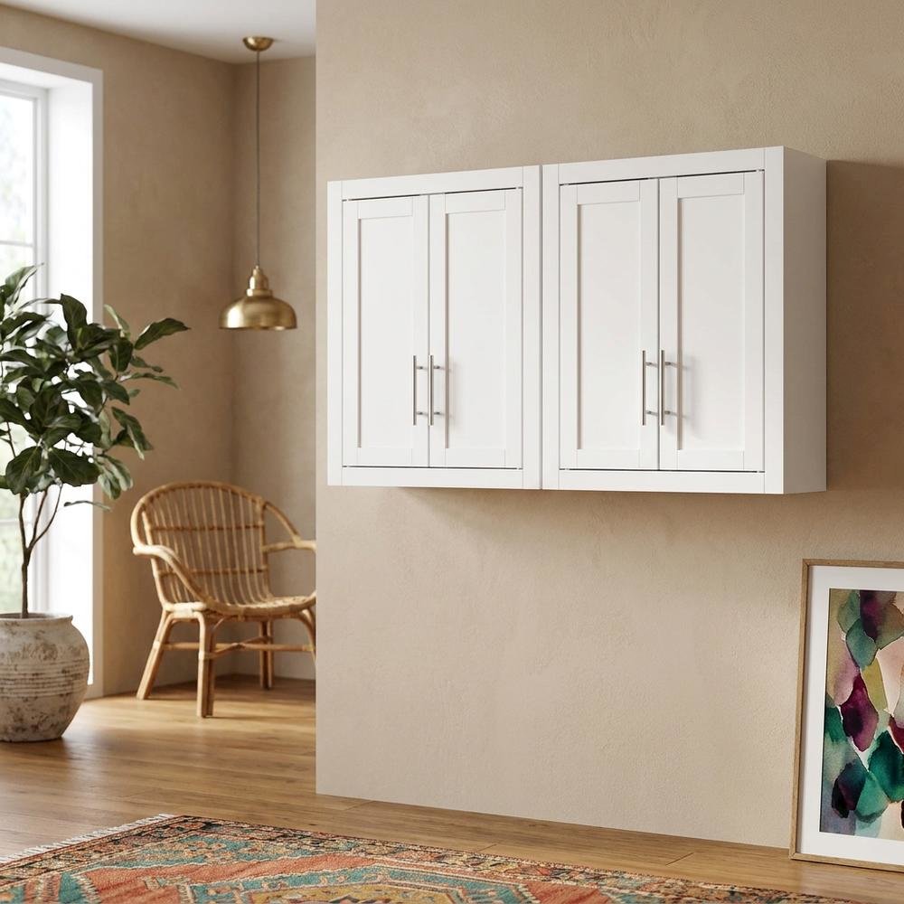 White 2-Piece Wall Storage Cabinet Set, MDF Birch Veneer