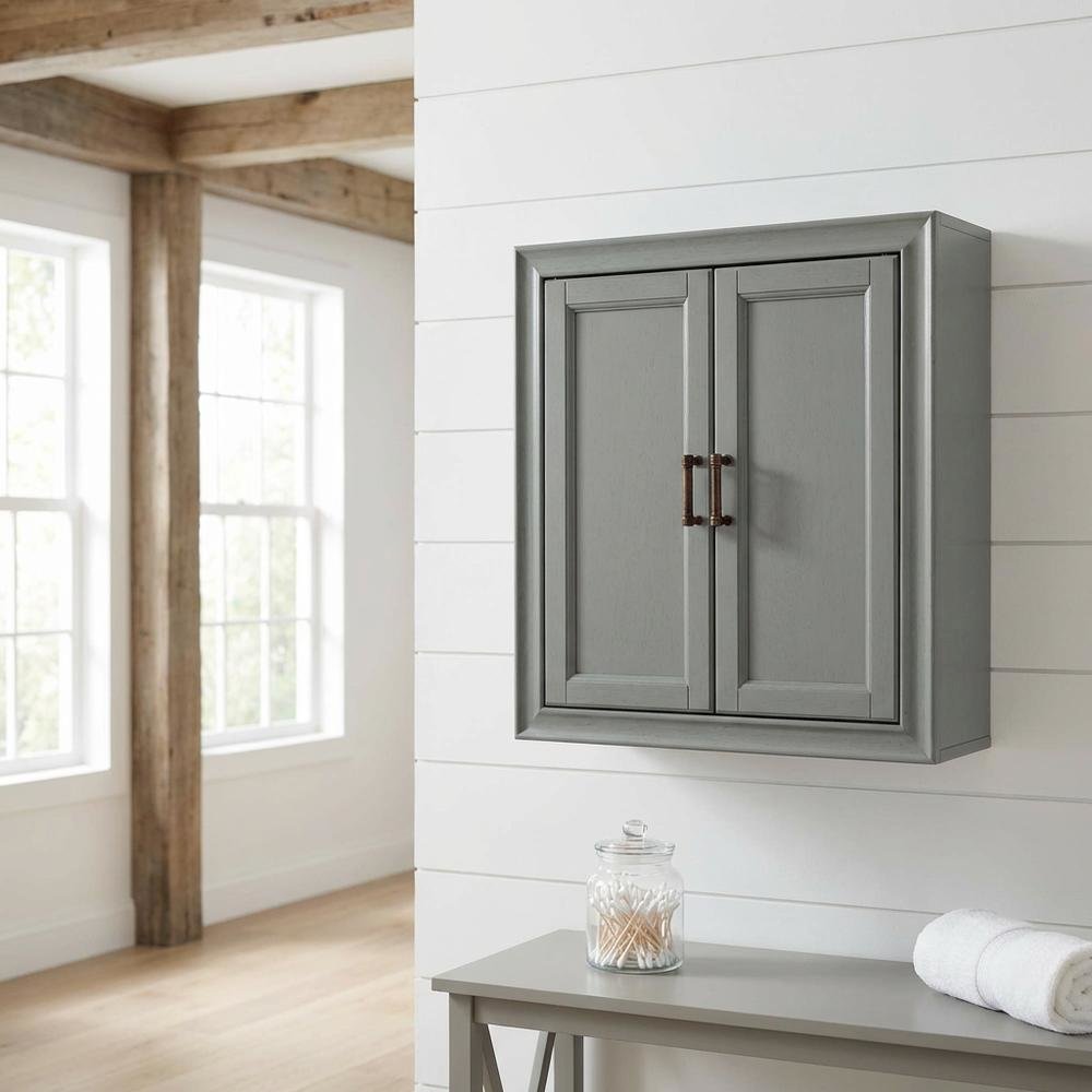 Gray wall cabinet with anti-tip hardware for bathroom storage
